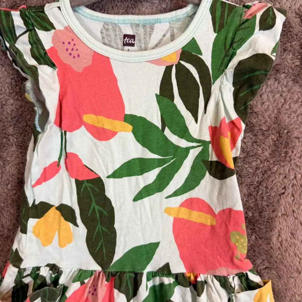 Tea Collection Flutter Sleeve Pocket Dress Floral Tropical Girls 3 3T